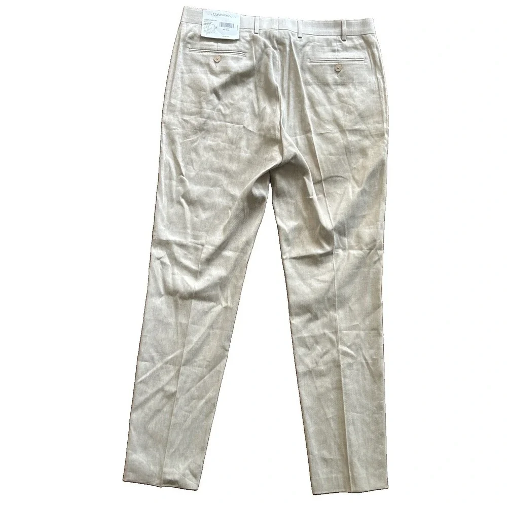 NWT Calvin Klein Men's Classic Slim Fit Solid Linen Cream Dress Pants Size 36x32